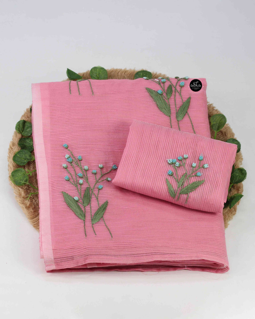Pink Kota Saree with Floral Hand Embroidery