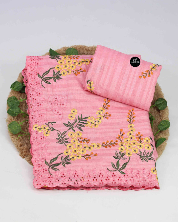 Blush Pink Designer Silk Saree with Floral Machine Embroidery &amp; Cutwork