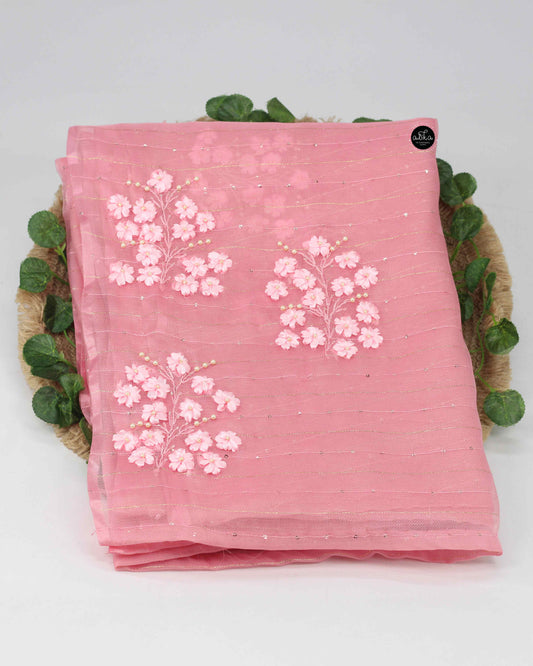 Blush Pink Sequinned Organza Saree with Floral Ribbon Work