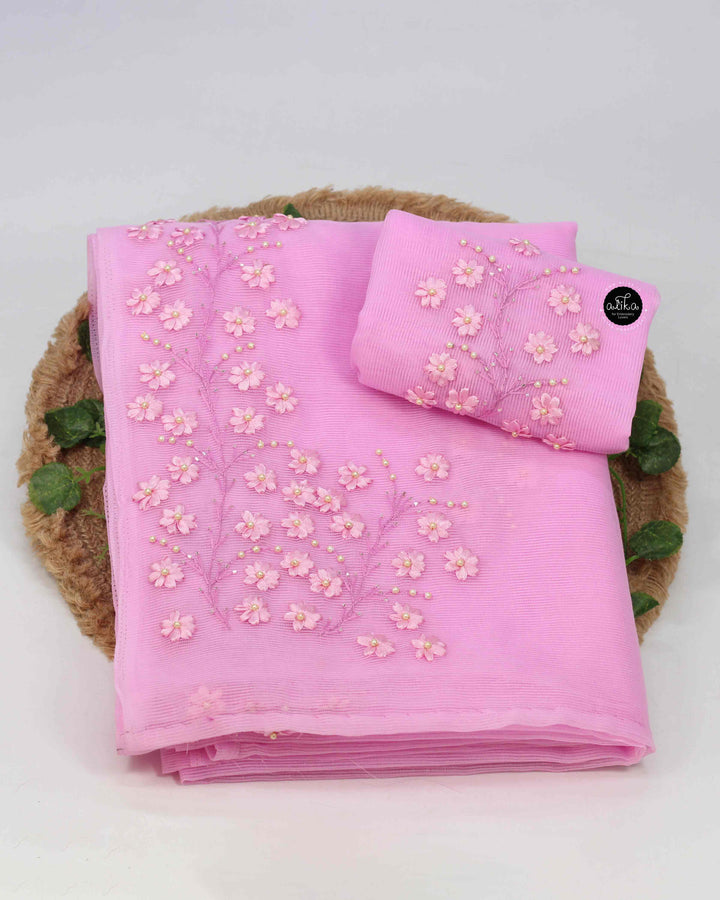 Lavender Rose Kota Saree with Floral Ribbon Work