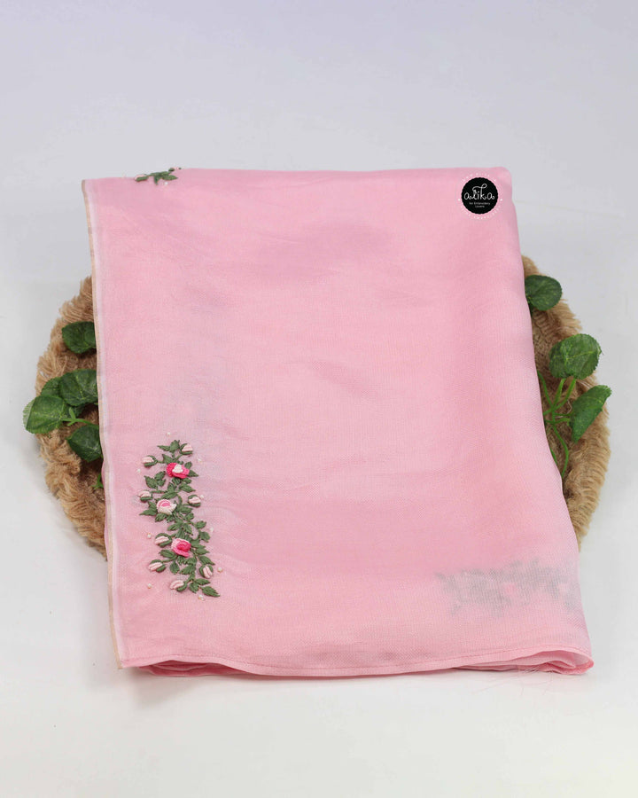 Light Pink Crispy Georgette Saree with Floral Hand Embroidery &amp; Bead Work