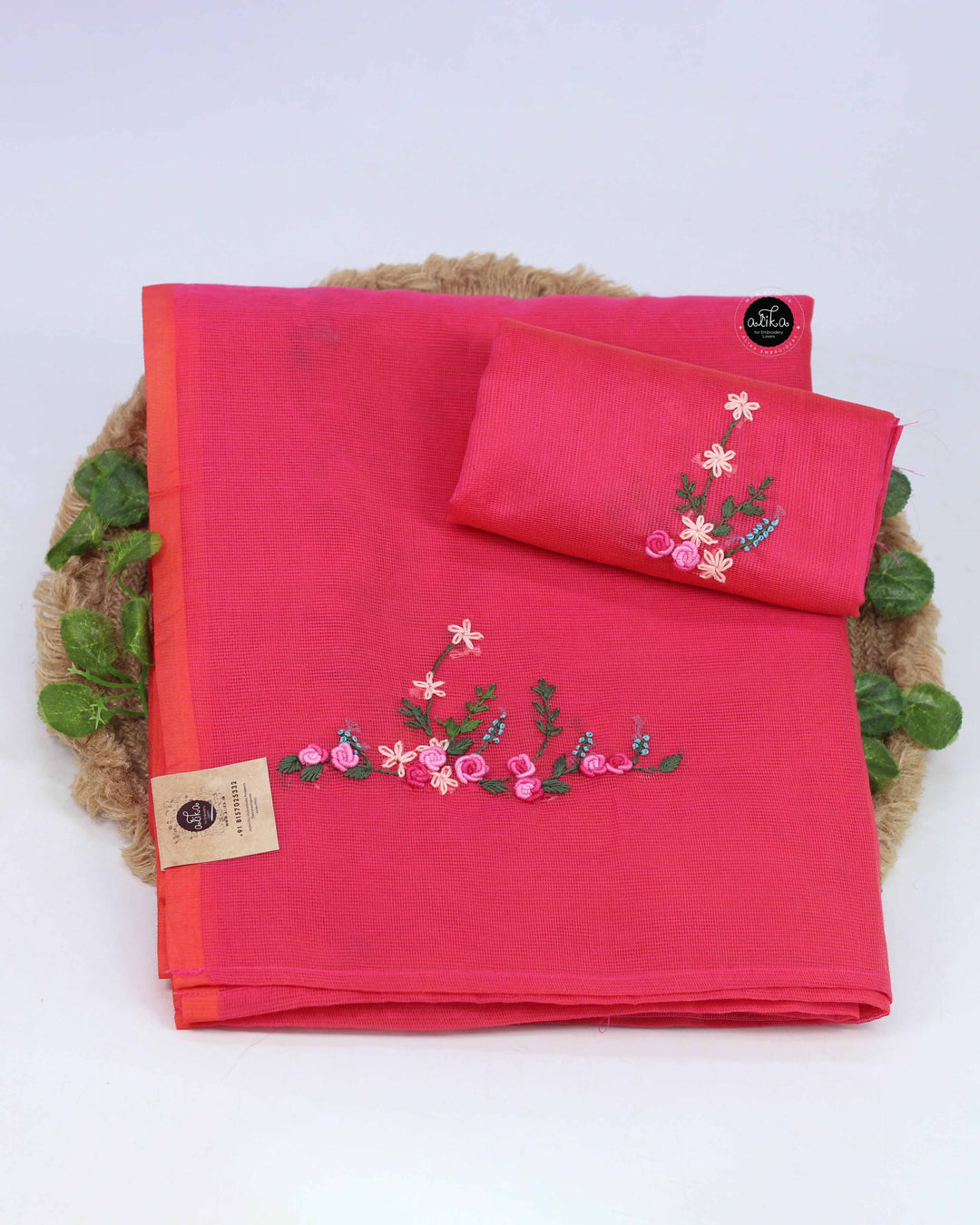 Warm Pink Kota Saree with Floral Hand Embroidery