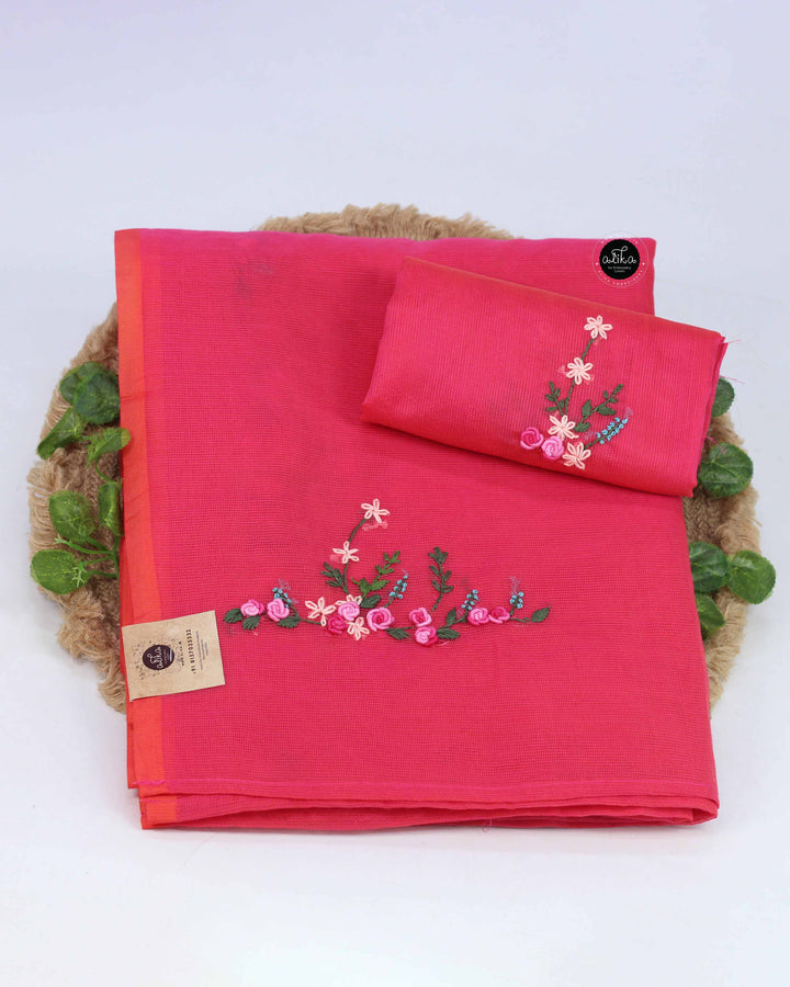 Warm Pink Kota Saree with Floral Hand Embroidery