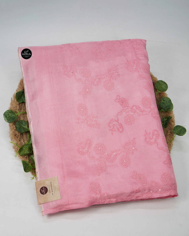 Soft Pink Crispy Georgette Saree with Floral Machine Embroidery &amp; Sequin Work