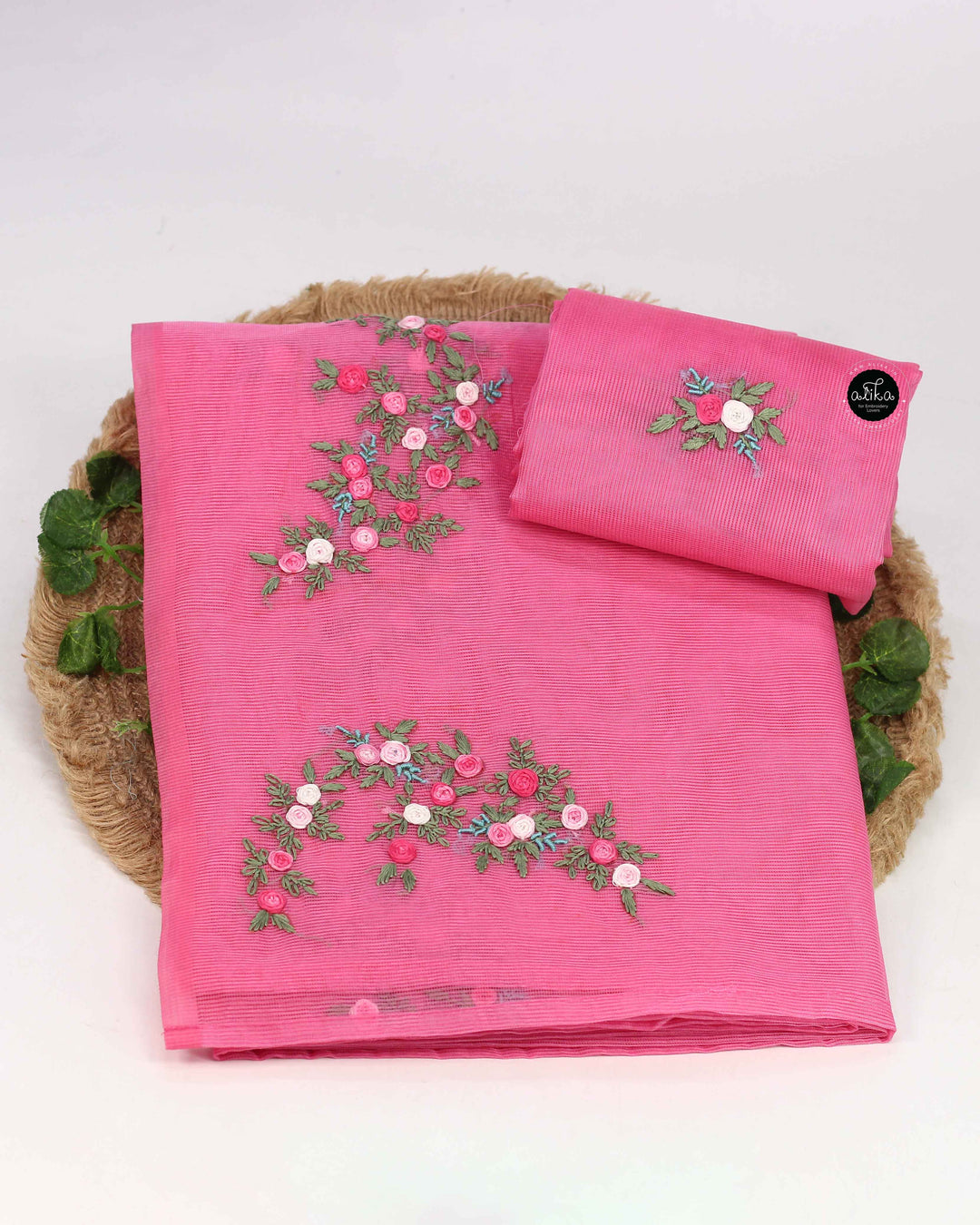 Pink Kota Saree with Floral Hand Embroidery
