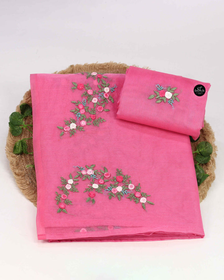 Pink Kota Saree with Floral Hand Embroidery