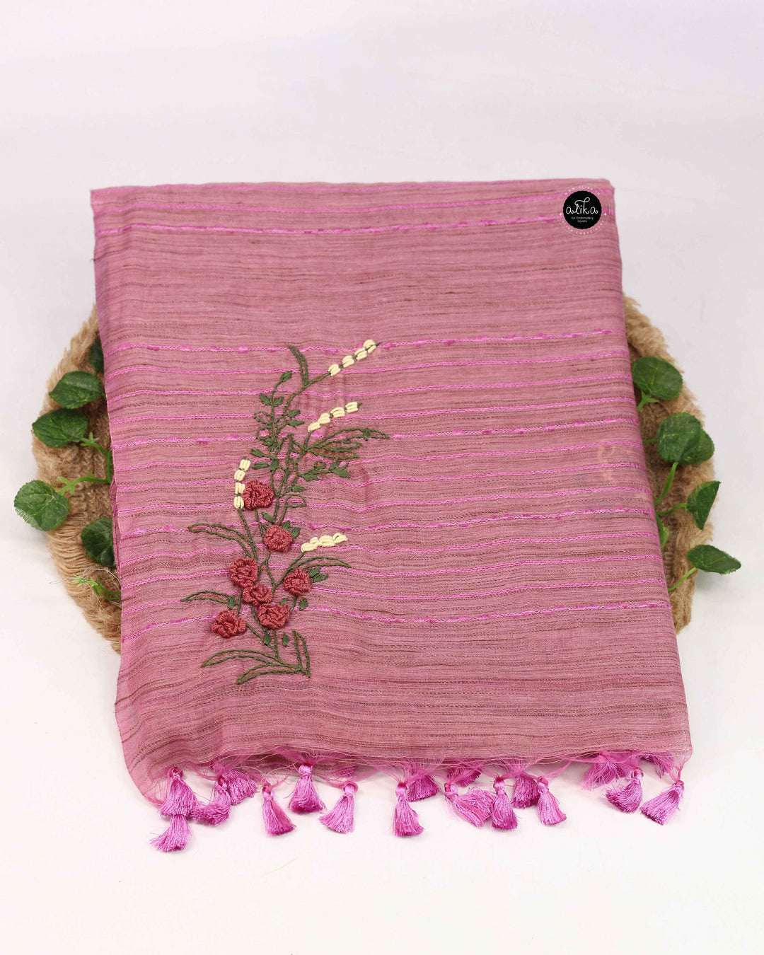Onion Pink Bamboo Silk Saree with Floral Hand Embroidery