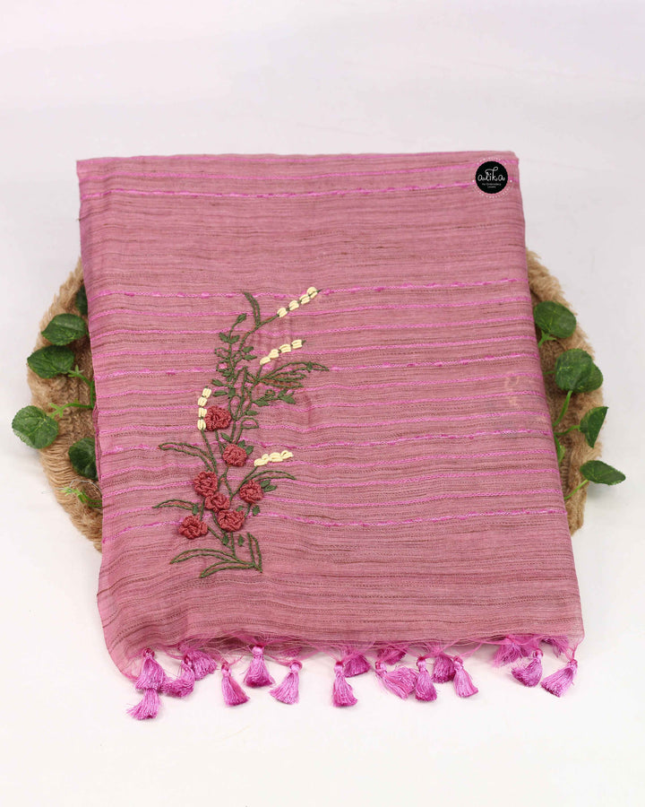 Onion Pink Bamboo Silk Saree with Floral Hand Embroidery