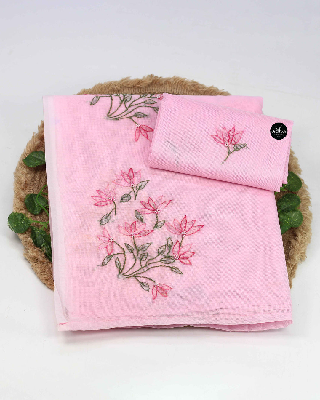 Light Pink Kota Saree with Floral Shadow Work &amp; Bead Embellishments