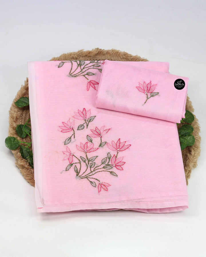 Light Pink Kota Saree with Floral Shadow Work &amp; Bead Embellishments