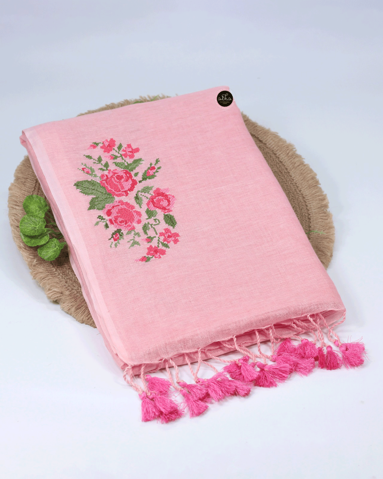 Light pink Pure Linen Saree with Floral Machine Embroidery