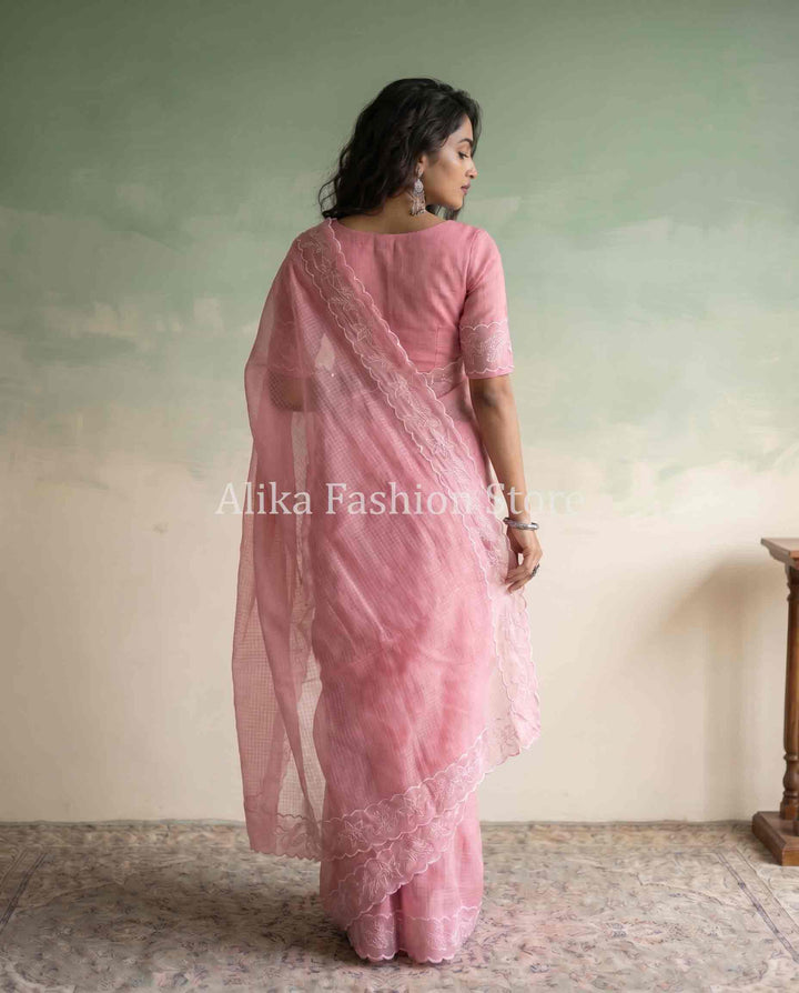 Salmon Pink Silky Kota Saree with Floral Appliqué Border