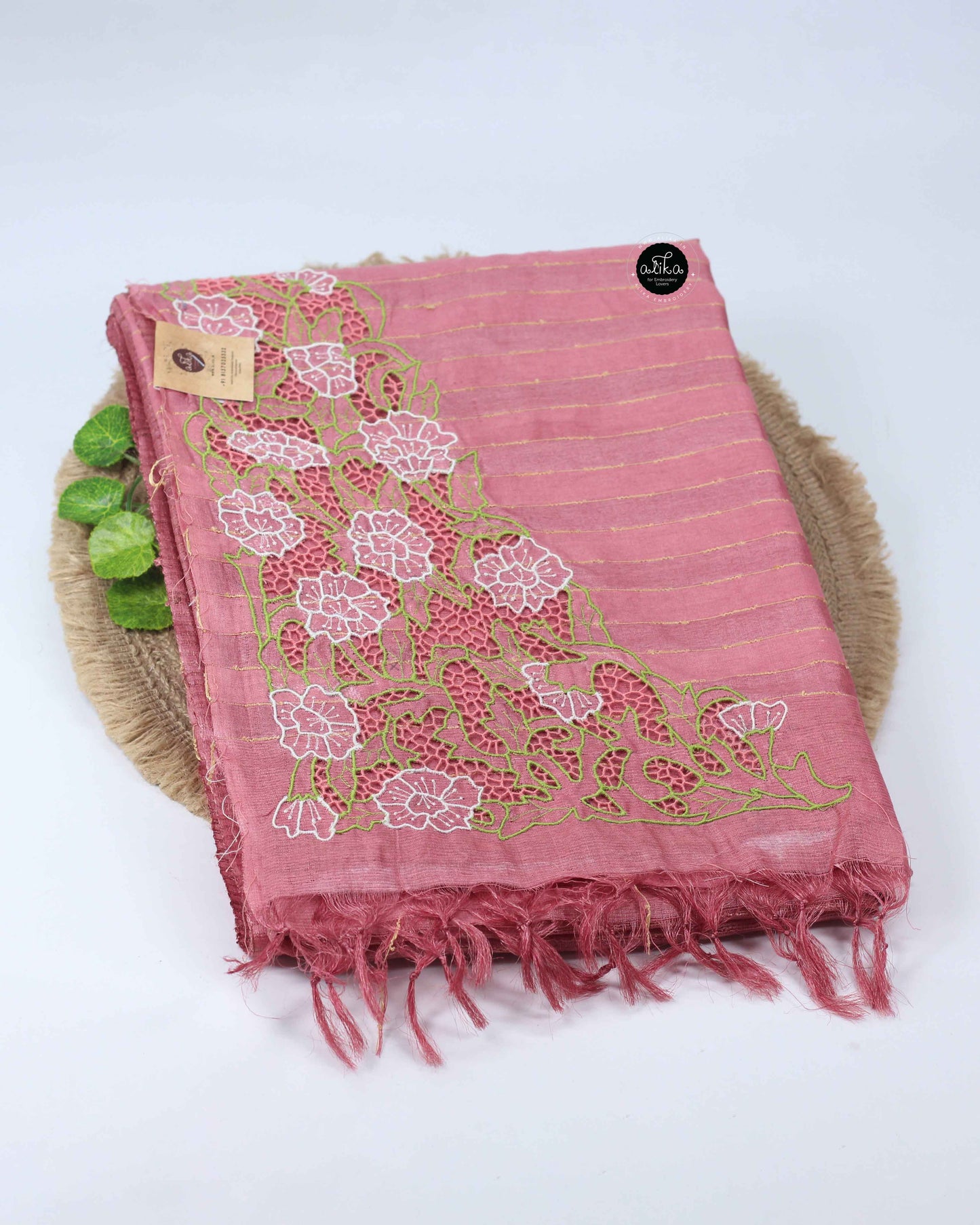 Peach Tussar Silk Saree with Twine Cutwork