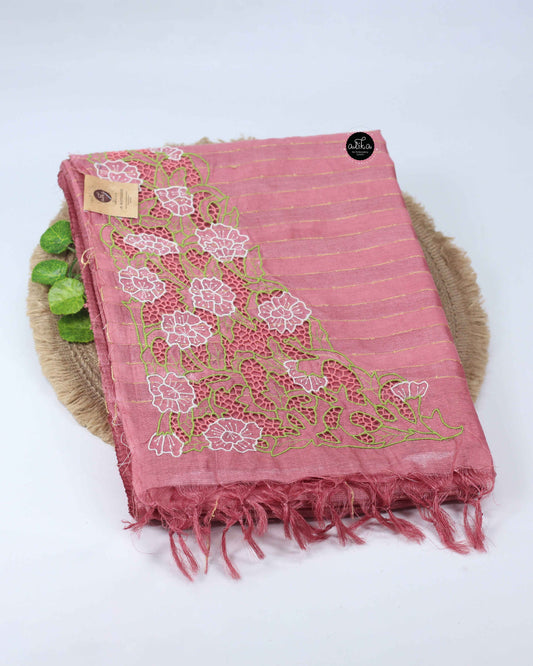 Peach Tussar Silk Saree with Twine Cutwork