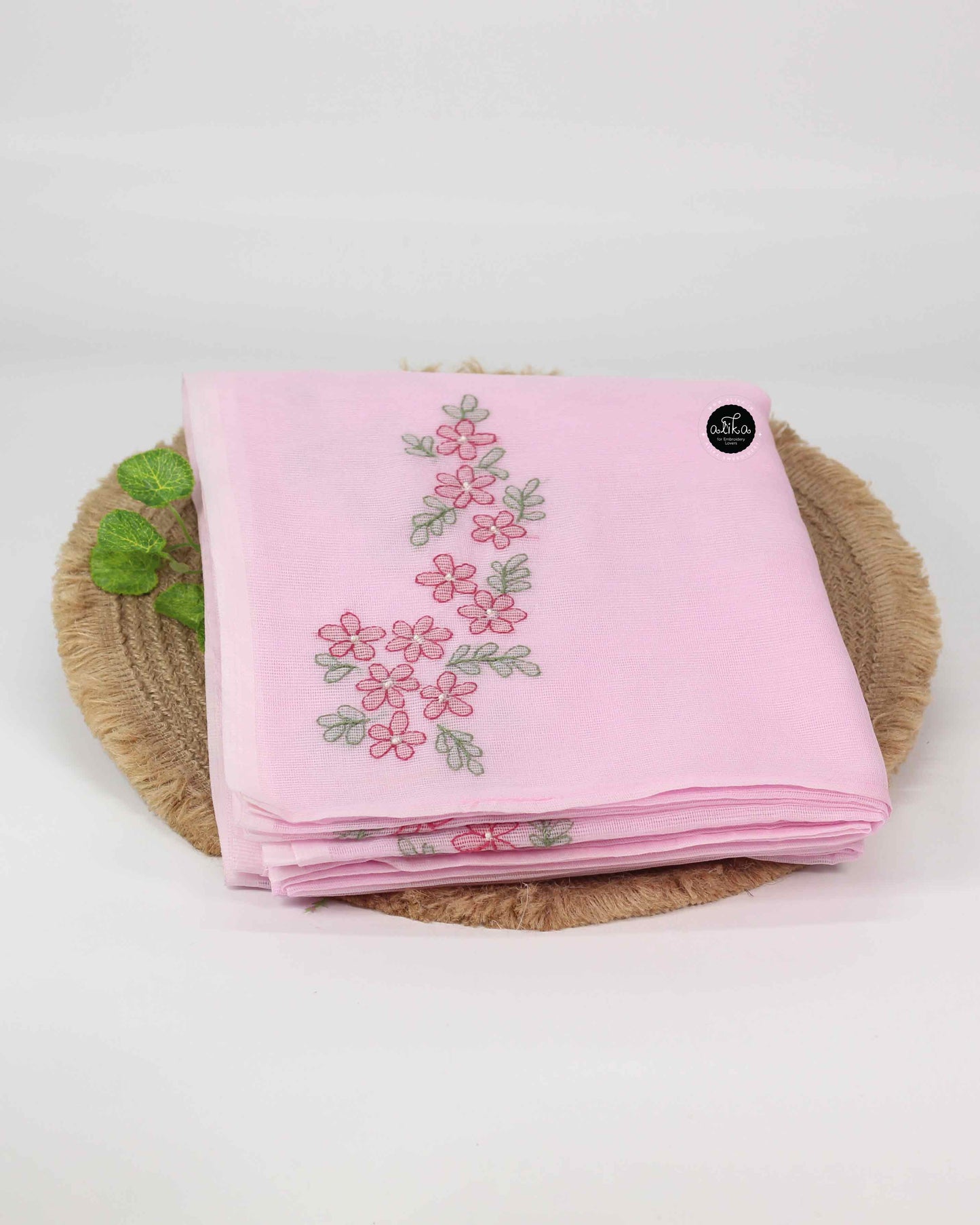 Light Pink Kota Saree with Floral Shadow Embroidery and Bead Work