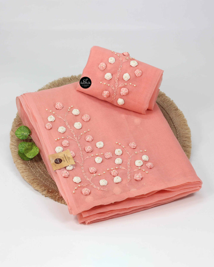 Peach Kota Saree with Ribbon Work