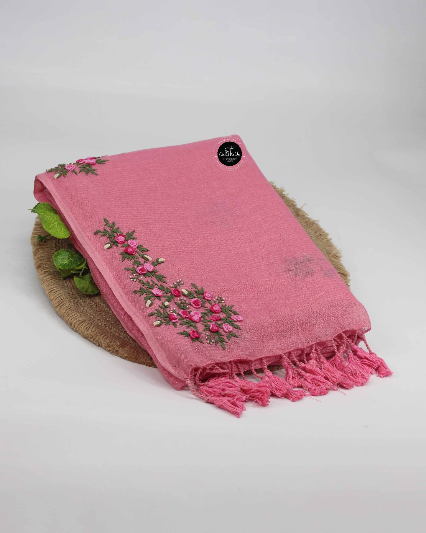 Tulip Pink Pure Linen Saree with Floral Hand Embroidery – Alika Fashion Store