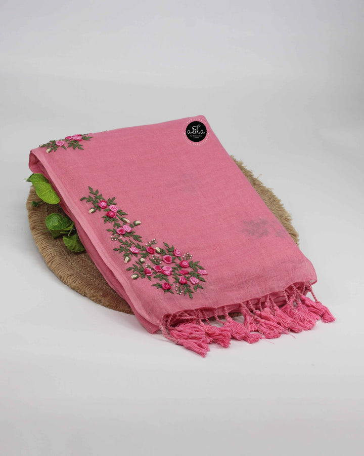Tulip Pink Pure Linen Saree with Floral Hand Embroidery