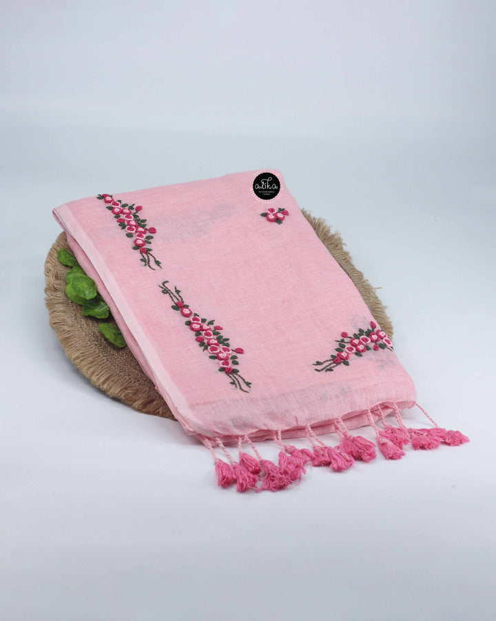 Pinkish Peach Pure Linen Saree with Bullion Hand Embroidery