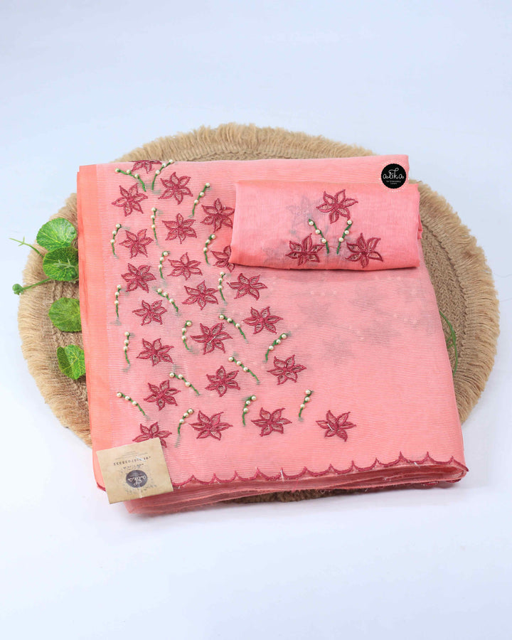 Blush Pink Kota Saree with Red Floral Cut Work and Pearl Embellishments