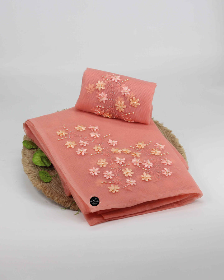 Candle Light Peach Kota Saree with Delicate Ribbon Work