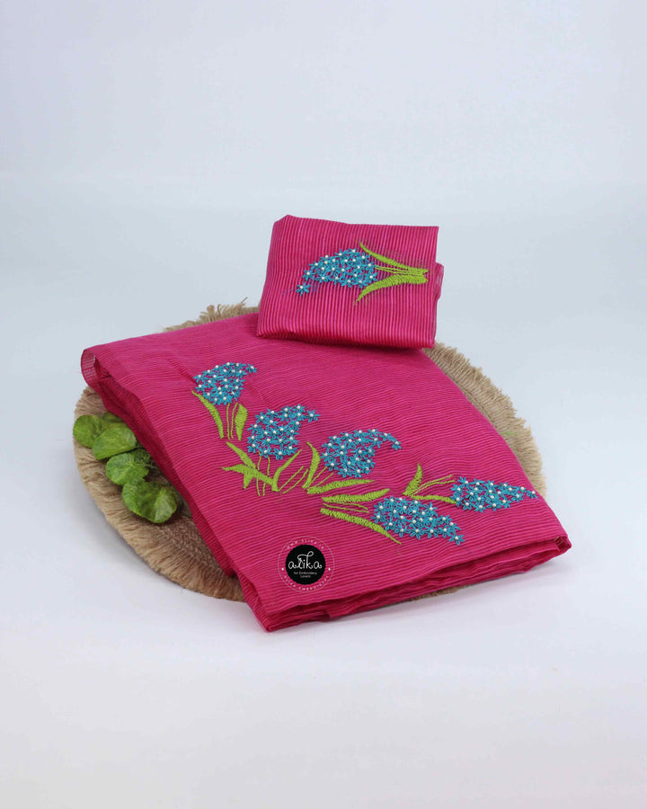 Dark Pink Striped Kota Saree with White Lazy Daisy Floral Embroidery