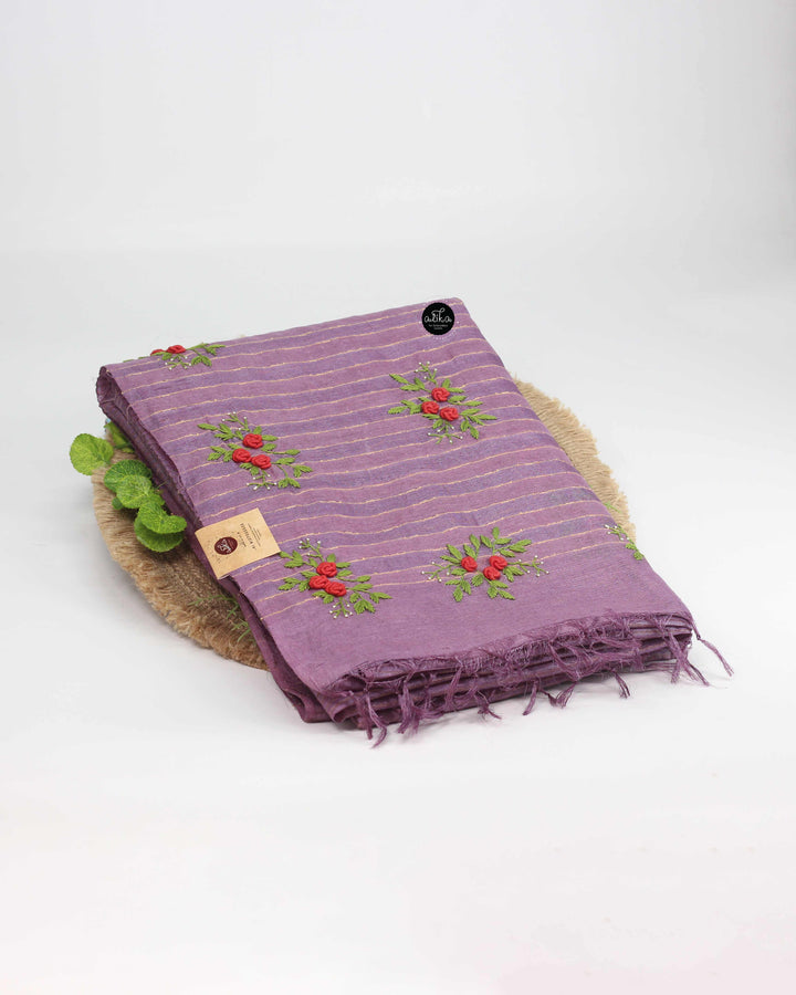 Affair Purple Pure Tussar Saree with Hand Floral Embroidery