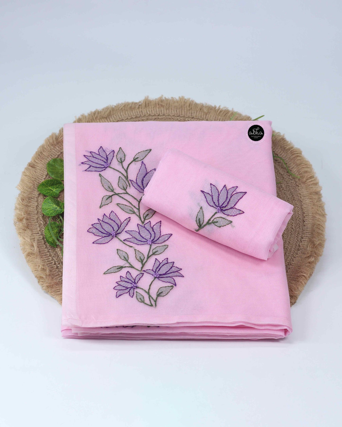 Light Pink Kota Saree with Floral Shadow Embroidery