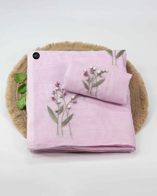 Lavender Rose Kota Saree with Floral Hand Embroidery