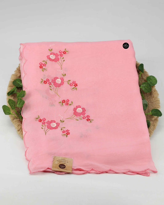 Light Pink Organza Saree with Floral Machine Embroidery