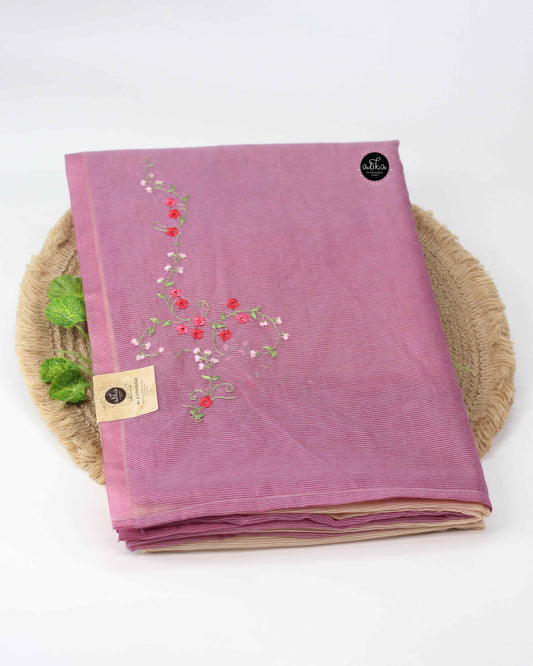 Vanilla and Purple Silky Kota Saree with Floral Machine Embroidery