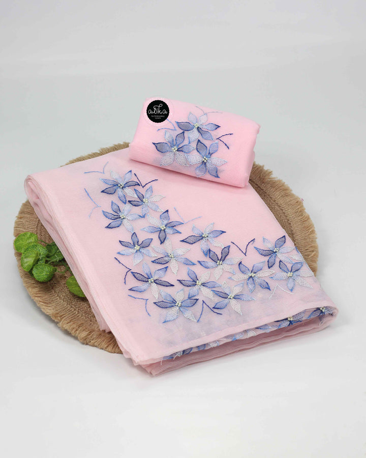Light Pink Kota Saree with Floral Shadow Embroidery