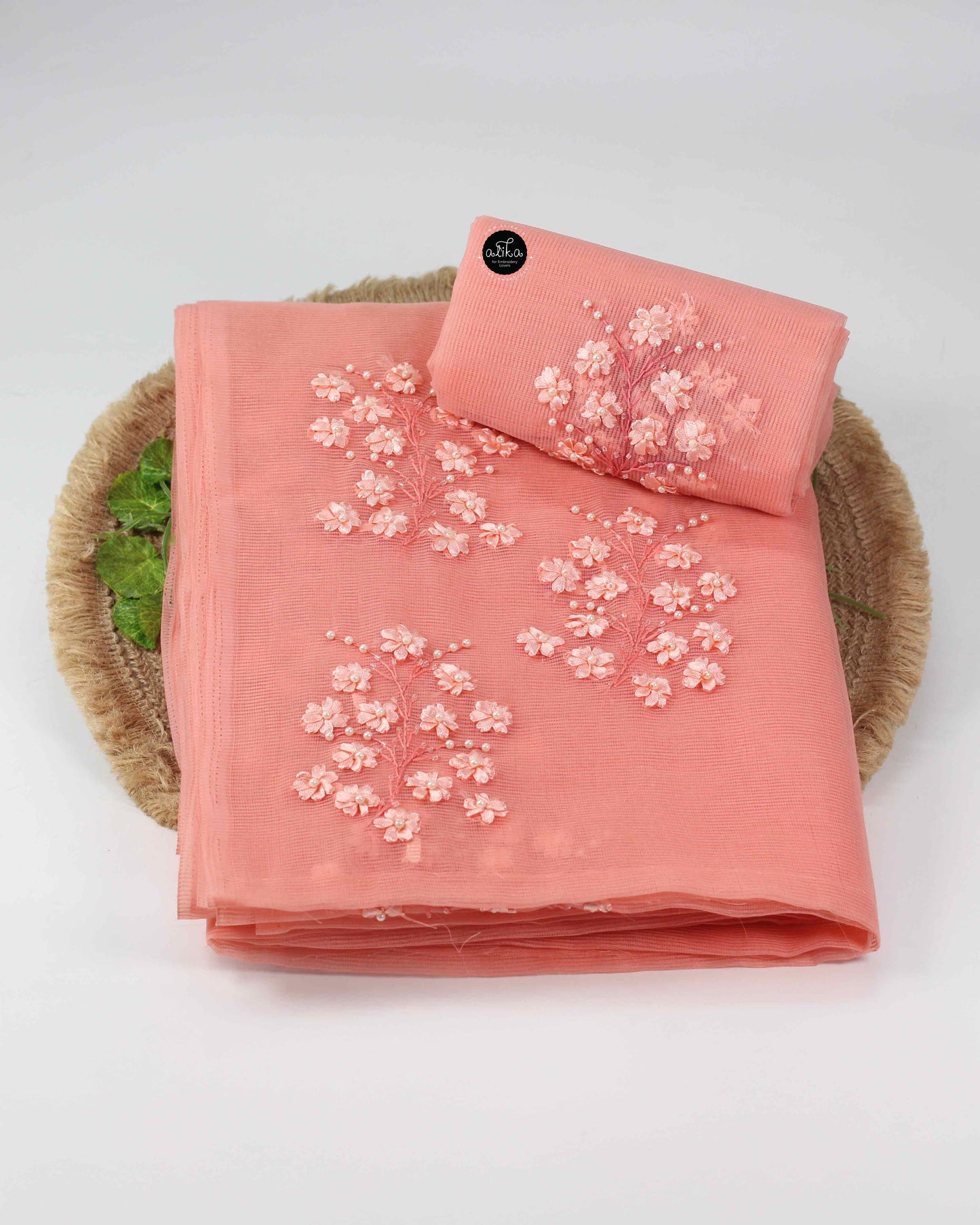 Sugar Peach Kota Saree with Floral Ribbon and Bead Work