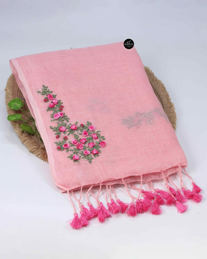 Light Pink Pure Linen Saree with Floral Hand Embroidery &amp;