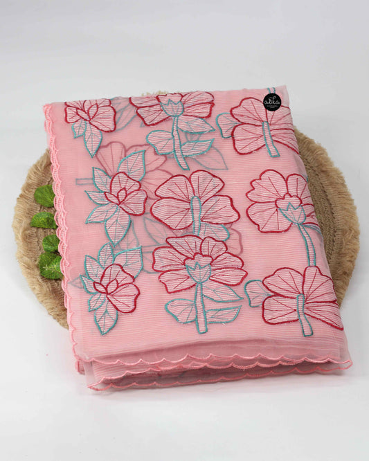 Peach Pink Kota Saree with Organza Applique Work