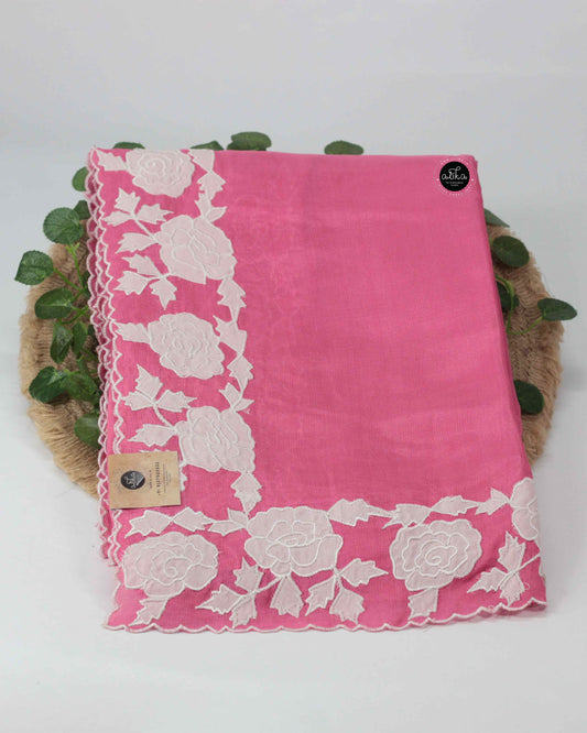 Rosy Pink Crispy Georgette Saree with Floral Applique Border