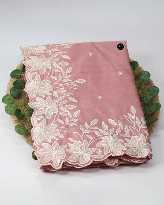 Peach Semi Silk Saree with Floral Embroidered Border