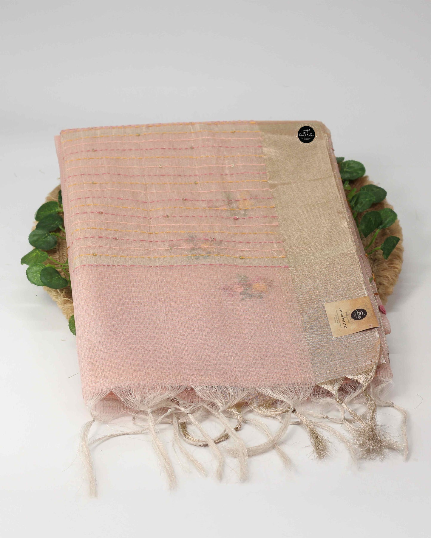 Rose Gold Semi Tissue Saree with Floral Hand Embroidery