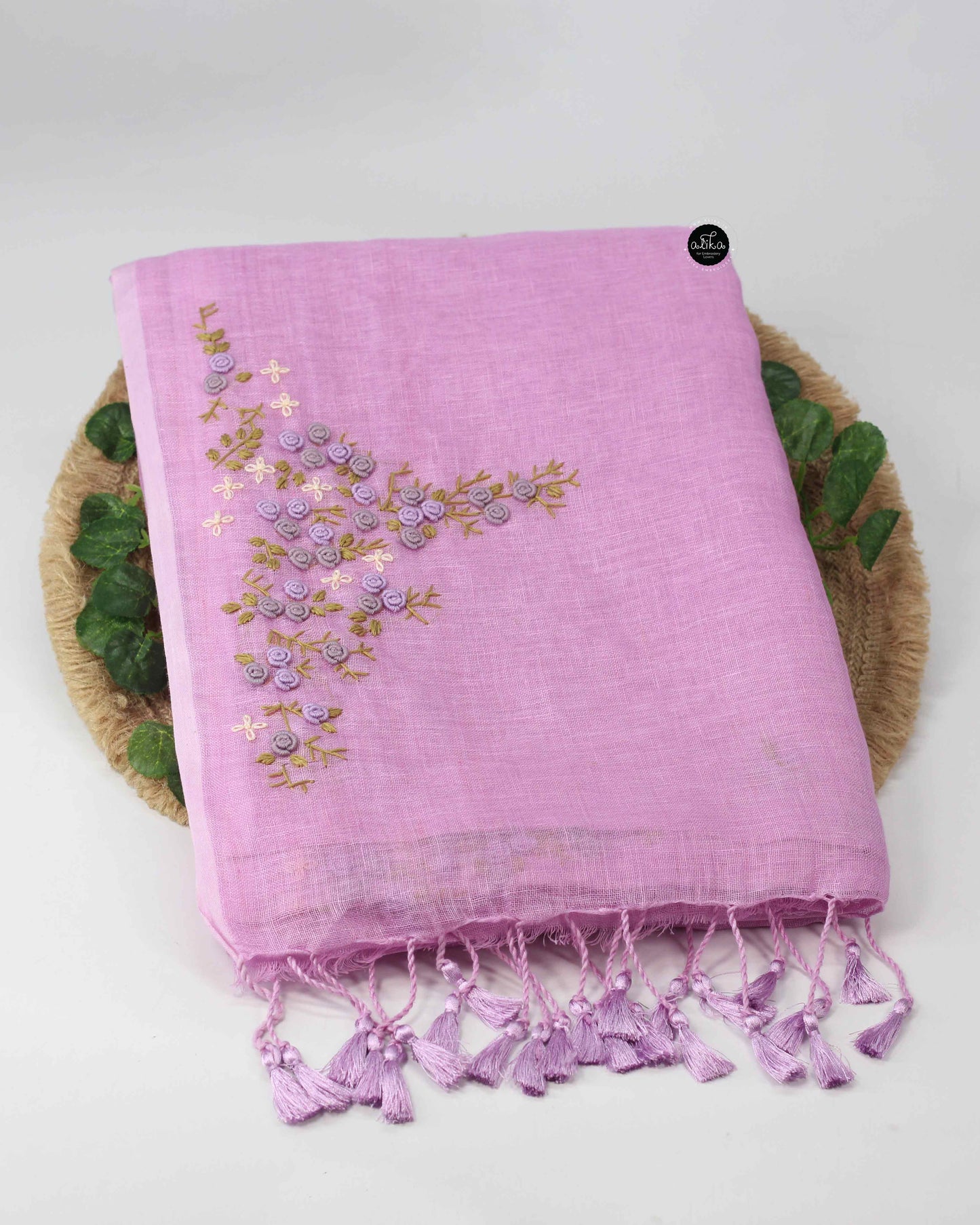 Lavender Pure Linen Saree with Floral Hand Embroidery