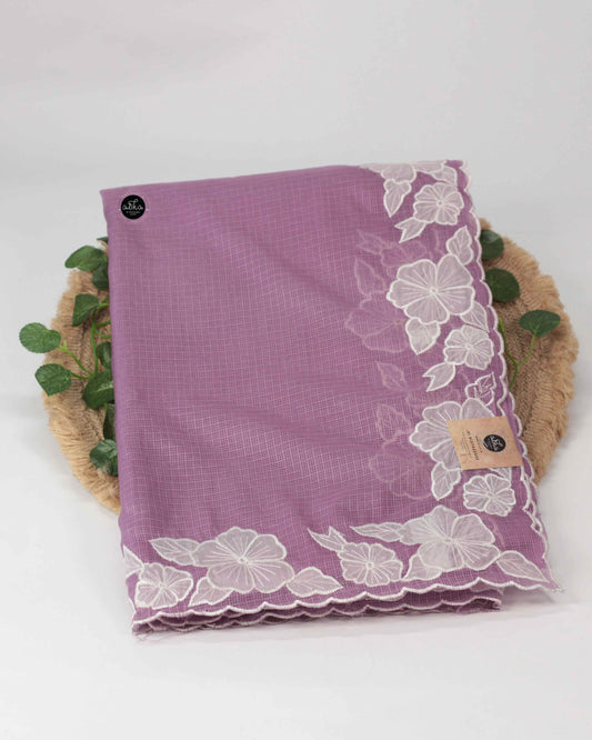 Lilac Silky Kota Saree with Floral Applique Border