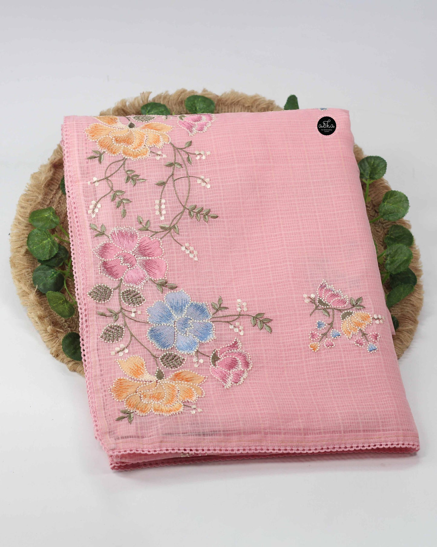 Light Pink Kota Saree with Floral Machine Embroidery and Plain blouse Material