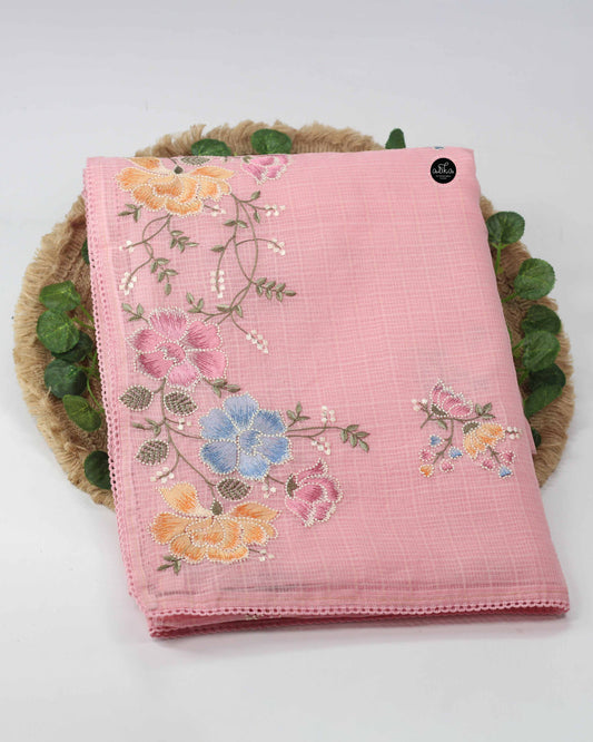 Light Pink Kota Saree with Floral Machine Embroidery and Plain blouse Material