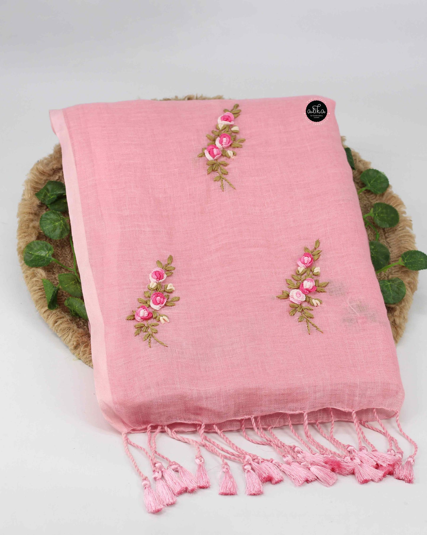 Light Pink Pure Linen Saree with Floral Hand Embroidery by Alika