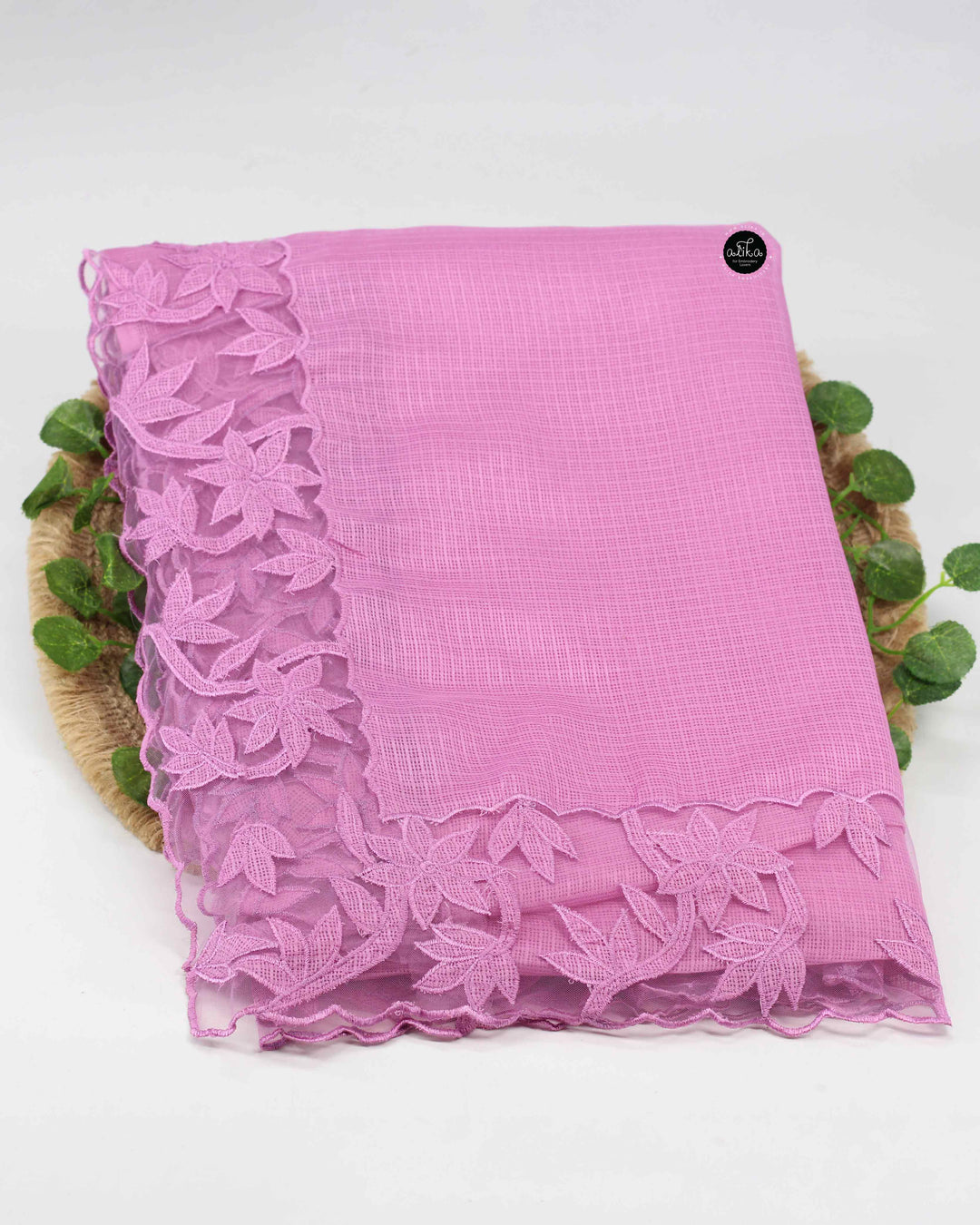Tulip Pink Silky Kota Saree with Floral Net Applique Border