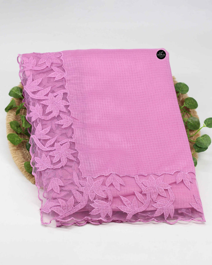 Tulip Pink Silky Kota Saree with Floral Net Applique Border
