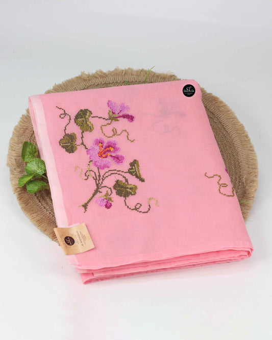 Blush Pink Kota Saree with Floral Machine Embroidery