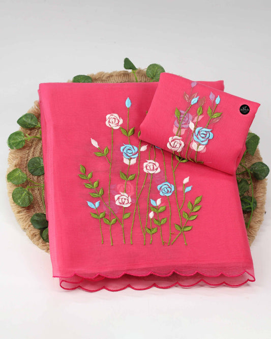 Warm Pink Kota Saree with Floral Machine Embroidery