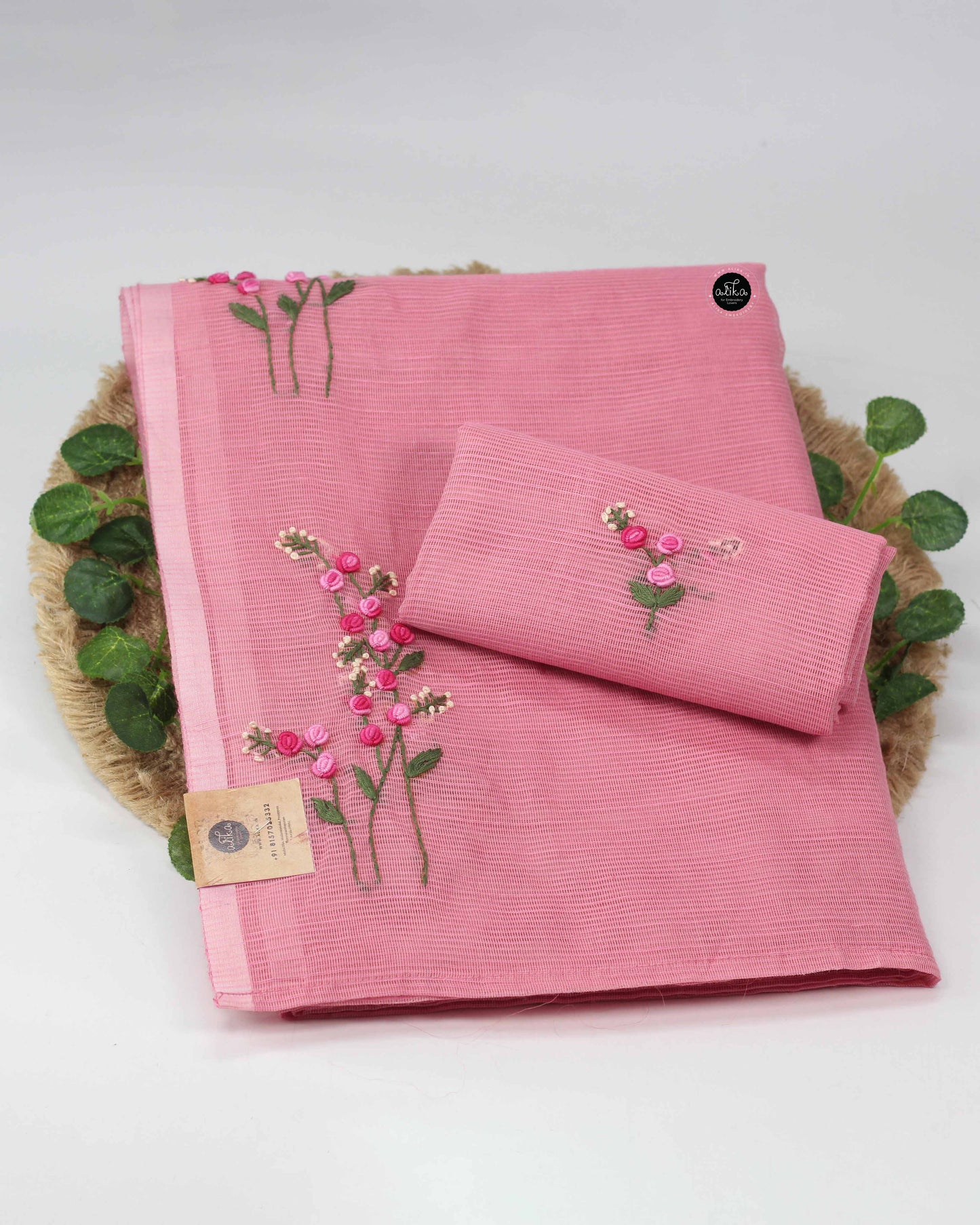 Light Pink Kota Saree with Floral Hand Embroidery