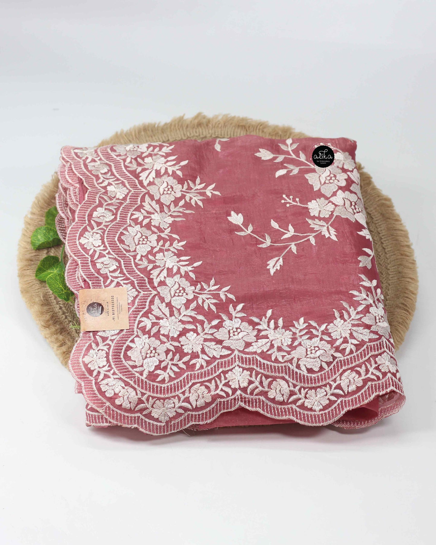 Dusky Rose Crushed Silk Saree with Floral Machine Embroidery