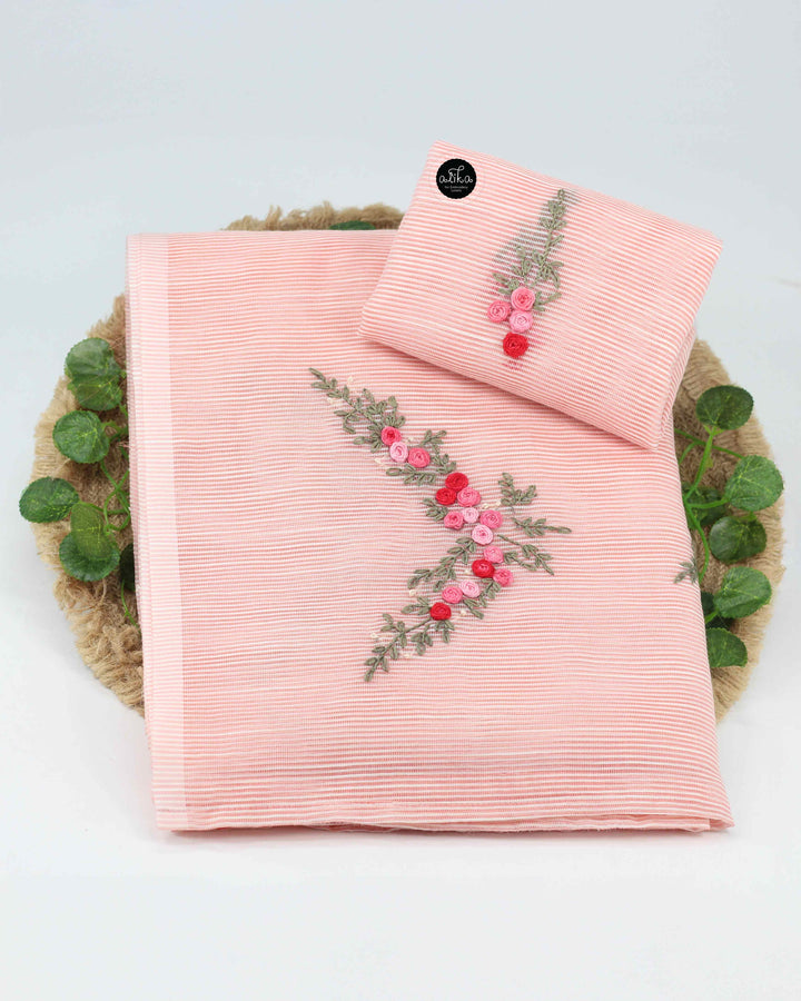 Light Peach Kota Silk Saree with Floral Hand Embroidery